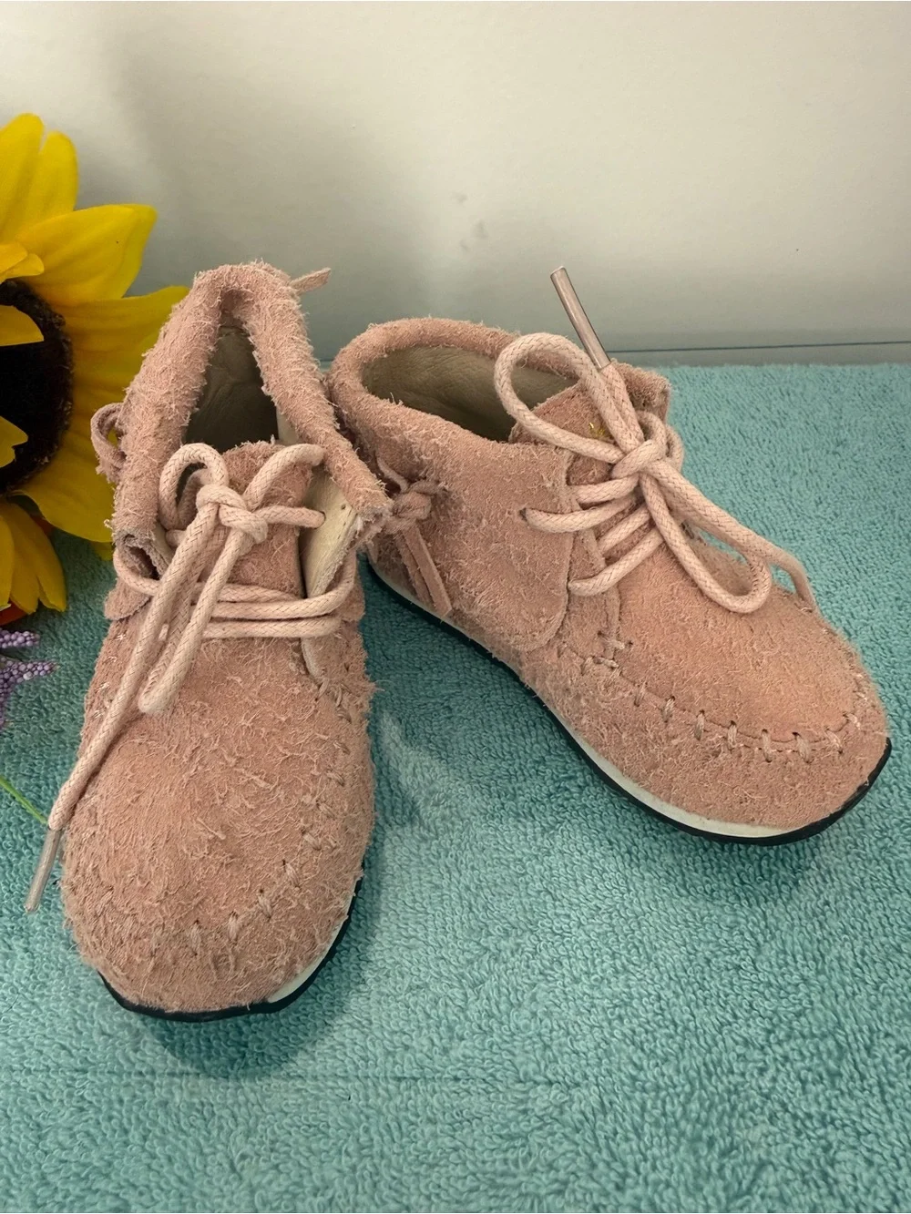 Kids Pink Suede-Look Moccasin Boots with Laces
